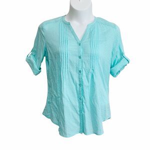 Bit & Bridle Button Up Blouse Women's Lg Green Gingham V-Neck Roll-Tab Sleeve